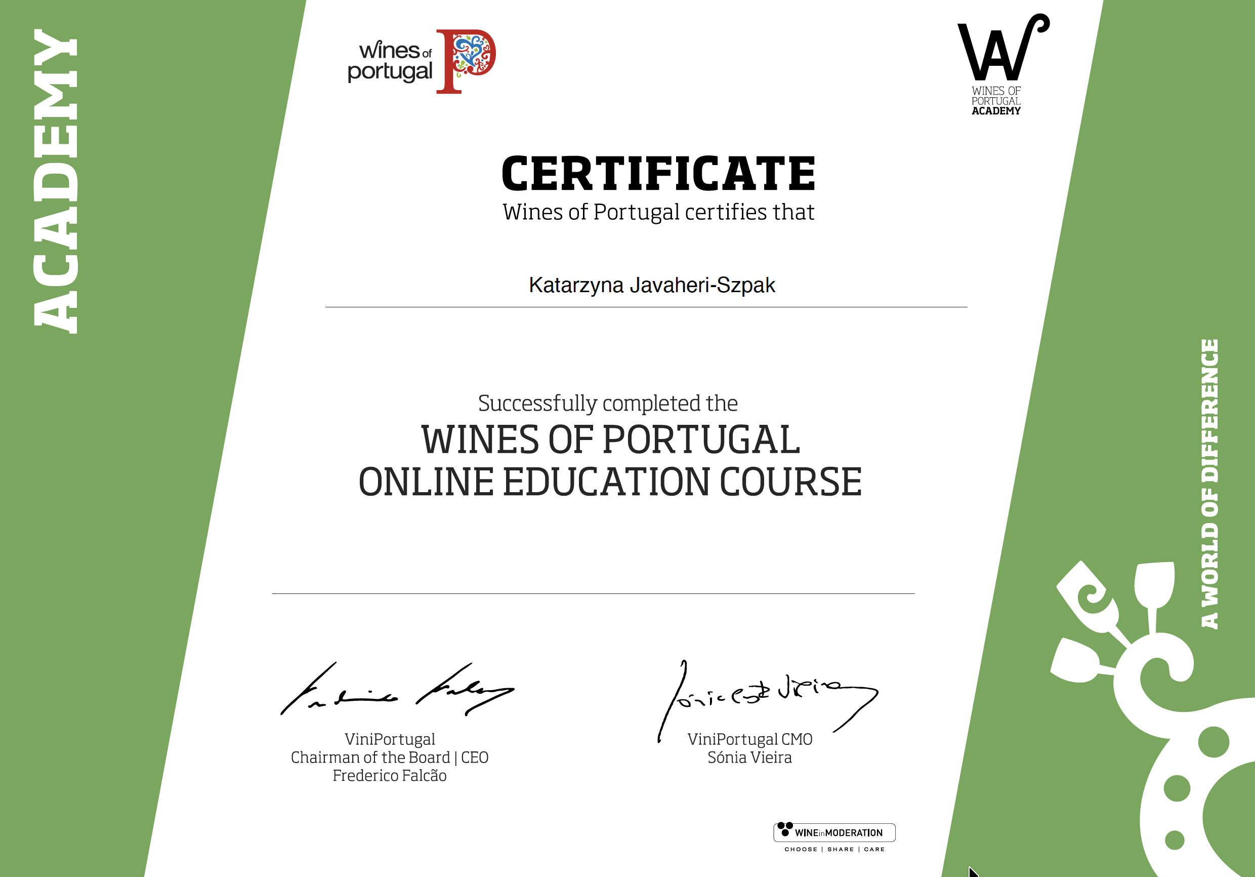 Wines of Portugal Academy certificate awarded to Katarzyna Javaheri-Szpak